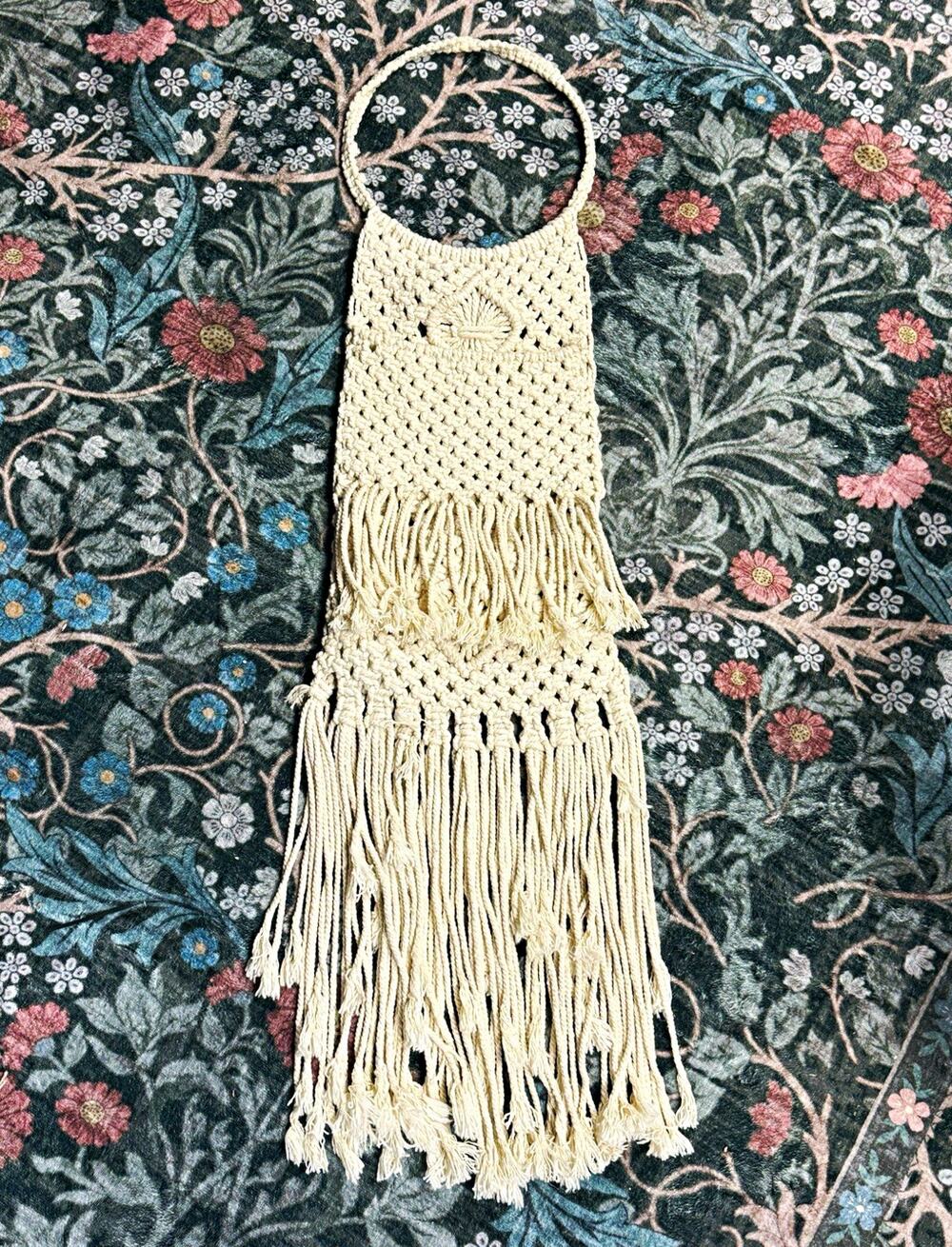 Cream Crochet Macrame Fringe Round Top Handle Mail Storage Wall Hang Bohemian